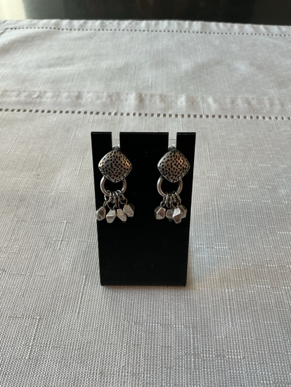 Diamond Shaped Oxidized Silver Tone Hanging Stud Earrings - Picture 1 of 3